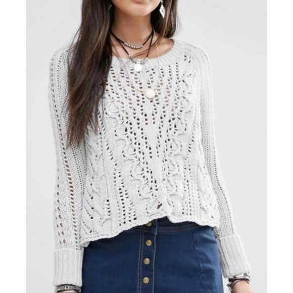 Free People Sweaters - Free People Cross Cable Open Back Chunky Knit Sweater Light Grey Blue Large